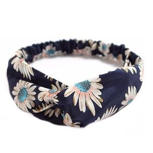 Navy Blue Pink Daisy Print Boho Twist Headband